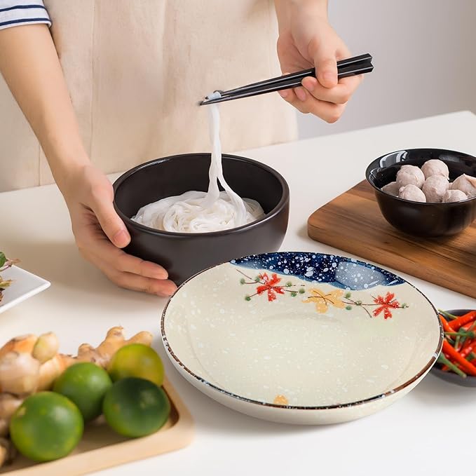 clothmile 7 Inch Japanese Retro Ceramic Dinner Plates Set of 4 Japanese Style Plates Asian Chinese Plates for Cereal, Soup, Dessert, Snack, Fruit, Salsa for Christmas Holiday Present