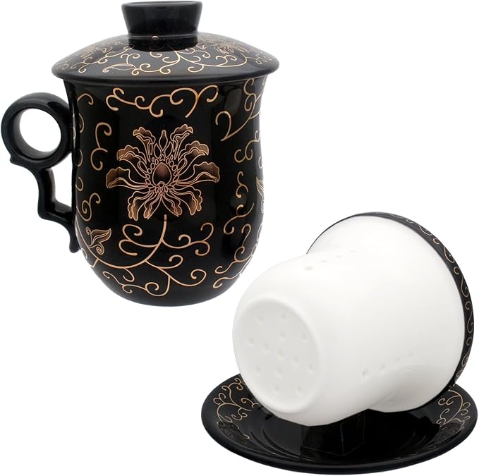 Porcelain Tea Cup with Infuser Lid and Saucer Sets - Chinese Jingdezhen Ceramics Coffee Mug Teacup Loose Leaf Tea Brewing System for Home Office