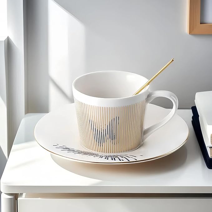 Old Craftsmen's Coffee Cup and Saucer Sets 8.45oz Unique Dynamic Mirage Reflection Tea Cup Luxury Porcelain Mirror Ceramic Mug Gifts for Cappuccino Espresso 250ml Butterfly