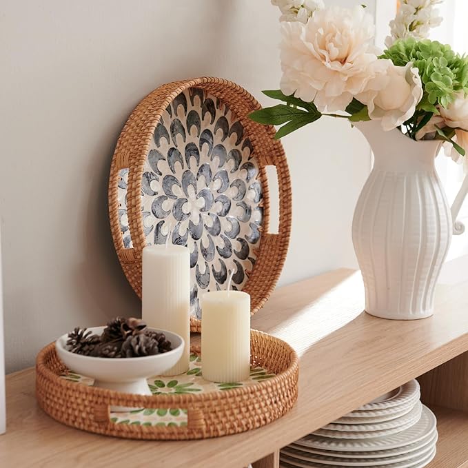 YANGQIHOME Round Serving Tray with Handle, Rattan Tray with Decorative Mother of Pearl Inlay, Round Wicker Trays for Home Decor, Coffee Table, Gifts, Dining,13.8 inch