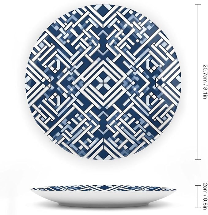 Ceramic Decorative Plate Navy Blue Geometric Customize Decor for Office Festival Art Decoration Home Porcelain Dessert Plate Set with Vertical Stand, Multi Sizes by Choosing, Gifts for Men Women