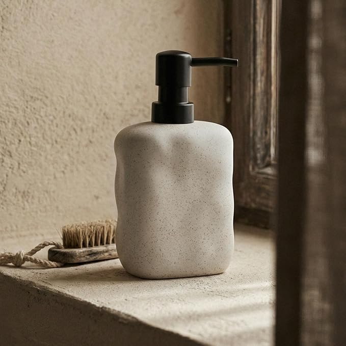 EMPO Stone-Textured Vintage Ceramic Dispenser, High-Color Rough Modern Zen Black ABS Press Bottle for Hand Soap, Shampoo, Conditioner for Bathroom and Kitchen (440 ml)