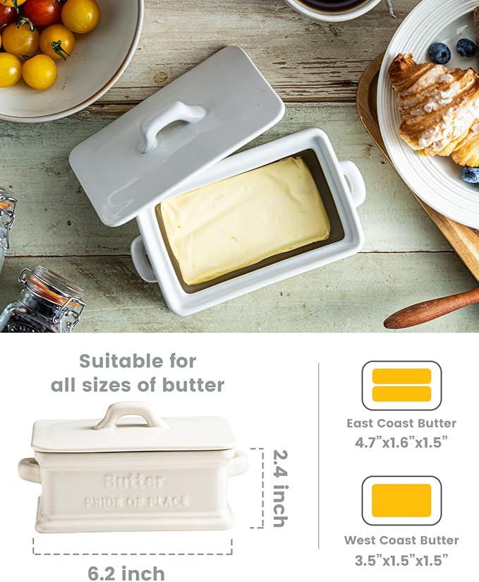 Butter Dish with Lid, Ceramic Butter Dish for Countertop Butter Holder Container Large Butter Keeper for East West Coast Butter, Mother's Day Kitchen Decor, White