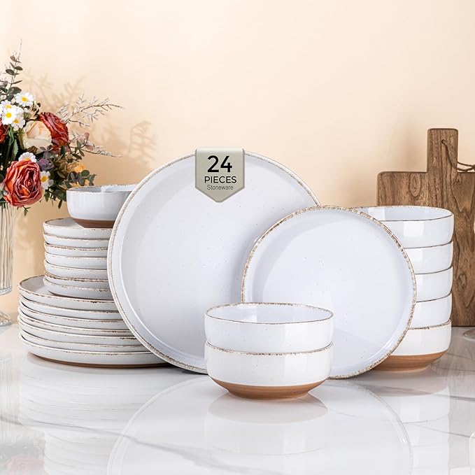 AmorArc 24 Pieces Ceramic Dinnerware Sets for 8, Handpainted Stoneware Plates and Bowls Set with Rustic Terracotta Underside, Scratch Resistant Dishes Set, Dishwasher & Microwave Safe, White