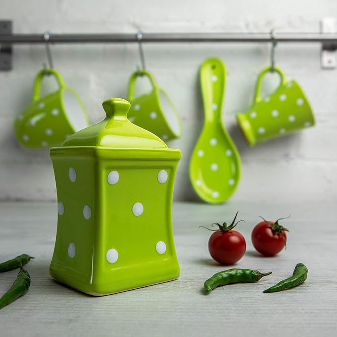 City to Cottage Handmade Small 5.3oz/150ml Ceramic Kitchen Herb, Spice, Storage Jar with Lid, Pottery Canister, Housewarming Gift (Green Polka Dot)