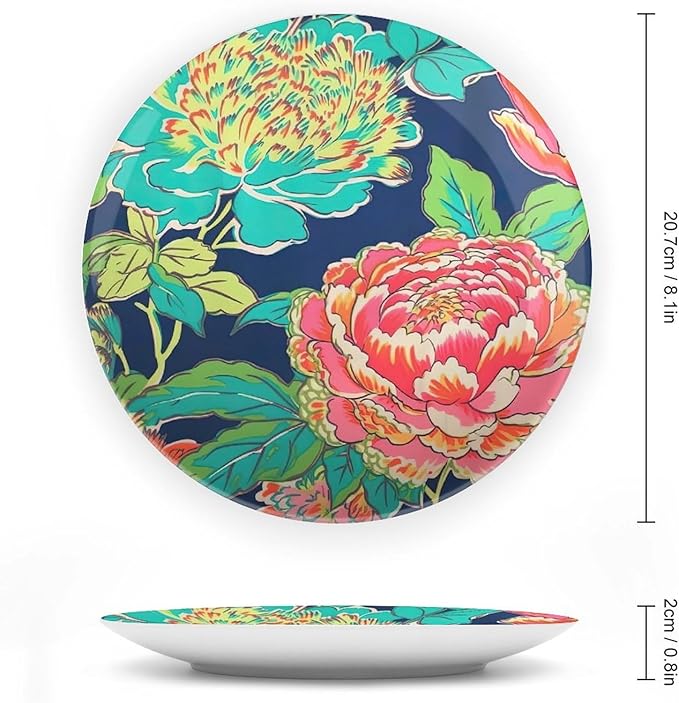 Navy Pink Chinoiserie Peony Floral Fashion Plates, Customize Chinoiserie Peony Floral Ceramic Hanging Decorative Plate, Festival Office Decorations Club, Including Bracket And Special Hook
