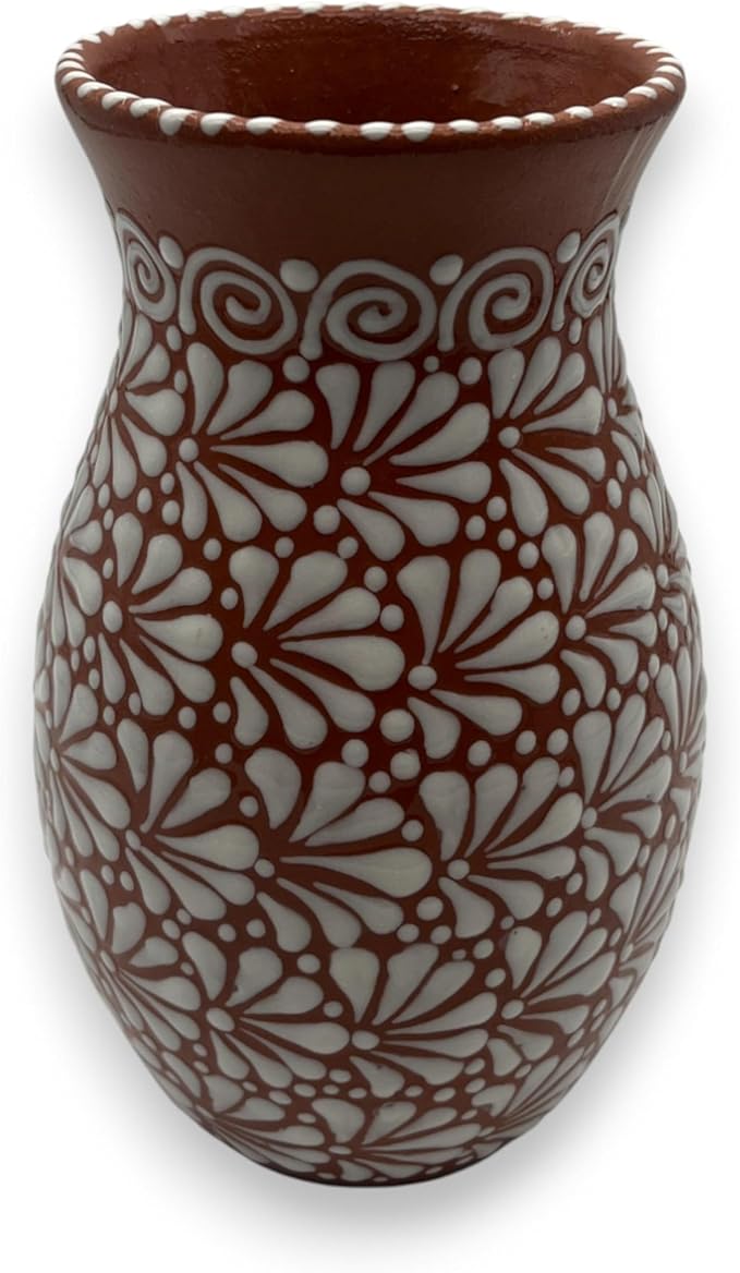 Brown & White Talavera Vase | Handcrafted Relief Pottery