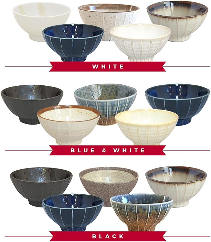 Set of 5 Japanese Ceramic Striped Ichichin Rice Bowls, Deep Soup & Eating Bowls with Distinctive Three-Dimensional Lines,Convenient, Stackable, for Cooking Prep & Serving (Blue and White)