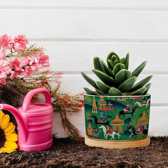Bright Emerald Green Ceramic Planters Chinoiserie Decor Planters for Outdoor Plants with Drainage Holes and Saucers Pot for Indoor Outdoor Garden