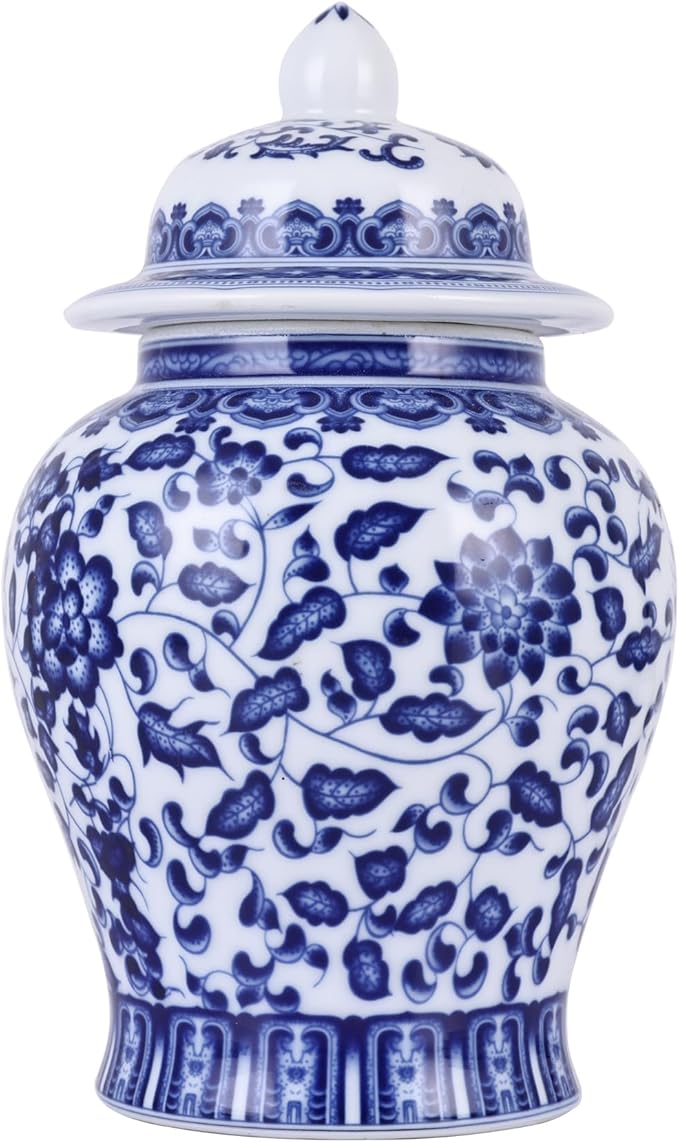 Handmade Blue and White Porcelain Ginger Jar - Traditional Chinoiserie Decorative Storage Vase, Thin-Walled Ceramic Jar for Home Decor, Tea & Display (Leaves)