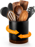 Nucookery 360°Rotating Utensil Holder, 7.2" Kitchen Utensil Crock, Ceramic Cooking Utensil Organizer with Countertop-Protection Cork Bottom for Farmhouse Kitchen Decor Christmas (Stone Black)