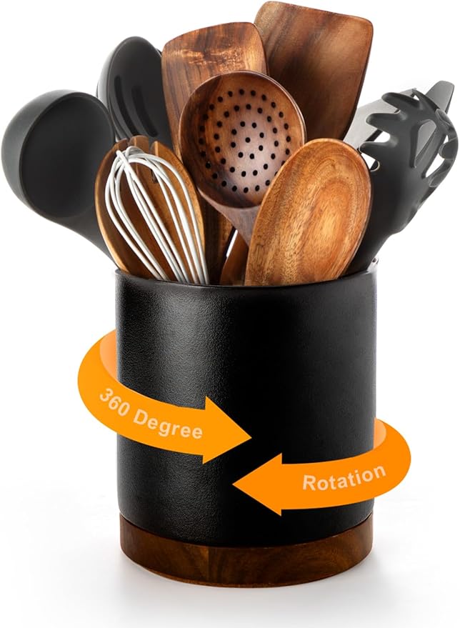 Nucookery 360°Rotating Utensil Holder, 7.2" Kitchen Utensil Crock, Ceramic Cooking Utensil Organizer with Countertop-Protection Cork Bottom for Farmhouse Kitchen Decor Christmas (Stone Black)