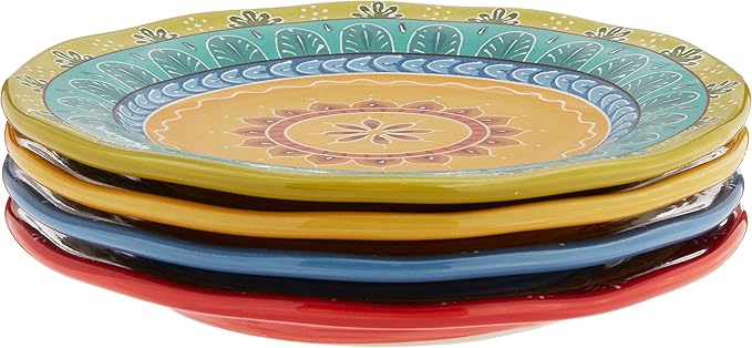 Valencia 8.75" Ceramic Dessert Plates Set of 4 – Multicolor Boho Style Glazed Plates, Dishwasher & Microwave Safe, Vibrant Ceramic Side Plates for Indoor Outdoor Use