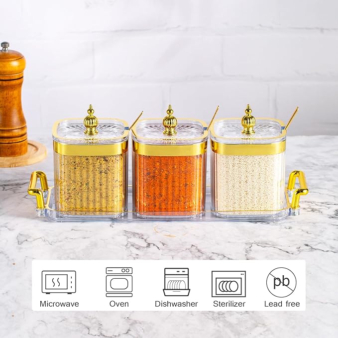 3 Pack Clear Condiment Spice Jars with Lids, Spoons, Tray - Plastic Seasoning Box Set for Salt, Pepper, Sugar - Kitchen Storage