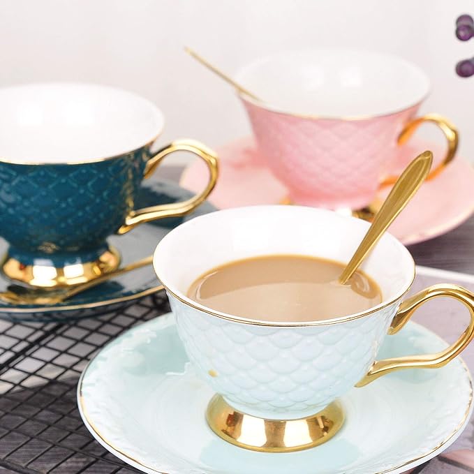 VanEnjoy Blue Vintage 8 Ounces Porcelain Coffee Cup, Tea Cup and Saucer Set and Saucer with Decorative Scale Pattern, vintage