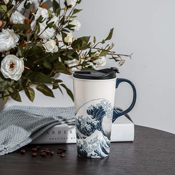 Topadorn Ceramic Coffee Mug with Lid and Handle Ceramic Travel Mug Porcelain Latte Teacup in Color Box 17 Oz, Splash Resistant Lid - To Go Tumbler for Car Cup Holder, Wave Art Mug