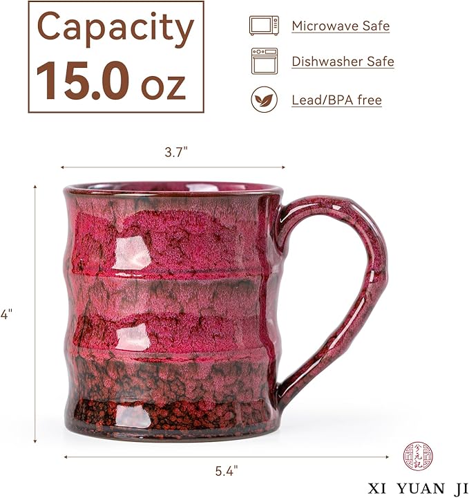 Rustic Red Ceramic Coffee Mug 15oz – Handcrafted Unique Gift for Coffee Lovers, Comfortable Large Handle, Dishwasher Safe
