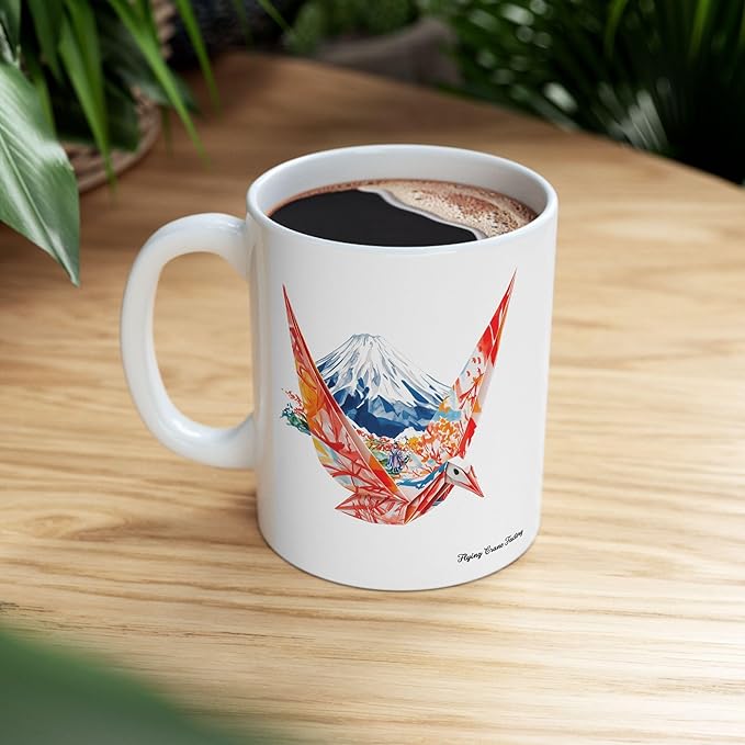 Origami Crane Mug, Kawaii Fuji Japanese Culture Coffee Cup, Tea Mug, Gift for Japan Lover, Cute Ceramic Tumbler, Asian Art