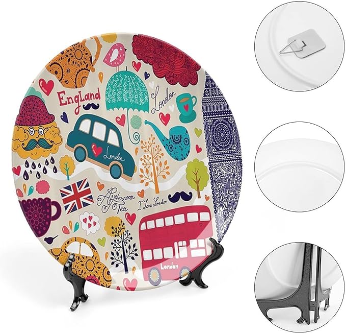 10 Inch Decorative Plate, London Decor Ceramic Craft, Colorful Local Symbols Bus Big Ben Tea Pot Cup Umbrella Hat Retro Print Ceramic Wall Hanging for Home & Office Wall Hanging Decor, Orange Blue