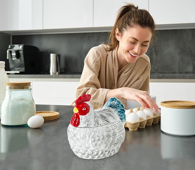 Hen Shaped Salt Container For Countertop Salt Cellar With Bamboo Spoon,Sugar Bowl With Lid,Ceramic Spice Storage Canisters With Lid, Colorful Farmhouse Kitchen Countertop Decor