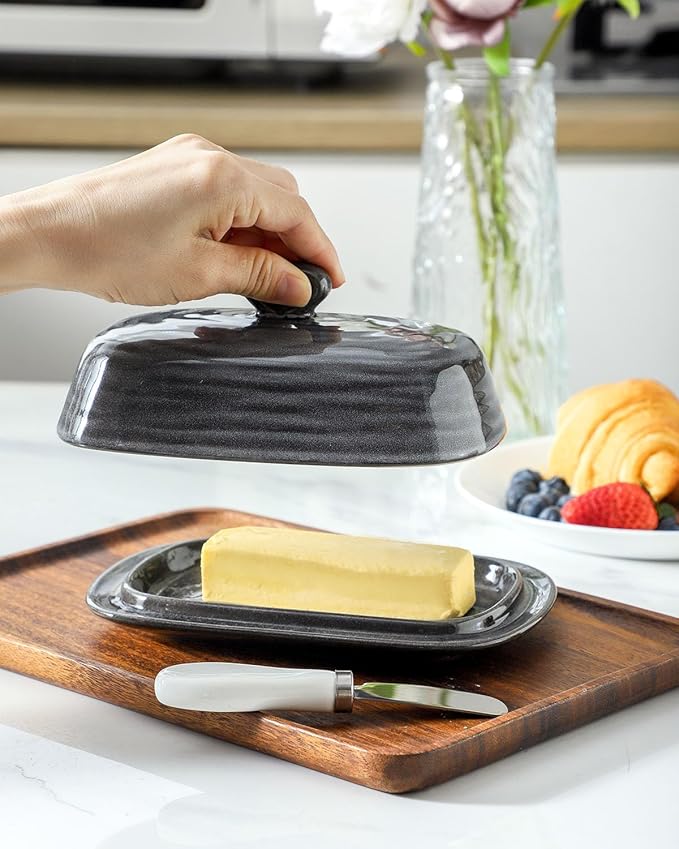 Hasense Porcelain Butter Dish with Lid, Covered Butter Container with Handle Design for Countertop, Gray
