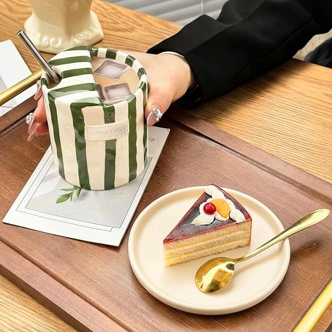 1 Pack Ceramic Coffee Mug with Sip Hole Espresso Cup 10oz with Straws Retro Hand Painted Striped Porcelain Coffee Tea Cup Cappuccino Latte Mug for Kitchen Dining Travel (Green)