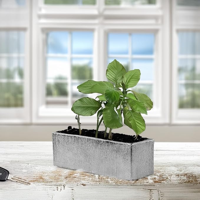 WGVI Long Rectangle Ceramic Planter Vase in Silver Etched 12" x 4" x 4"H, Block Rectangular Terrarium Box Pot, Flower Arrangement, Table top Centerpiece, Home Decor Storage Container, Bulk, 6 Pcs.
