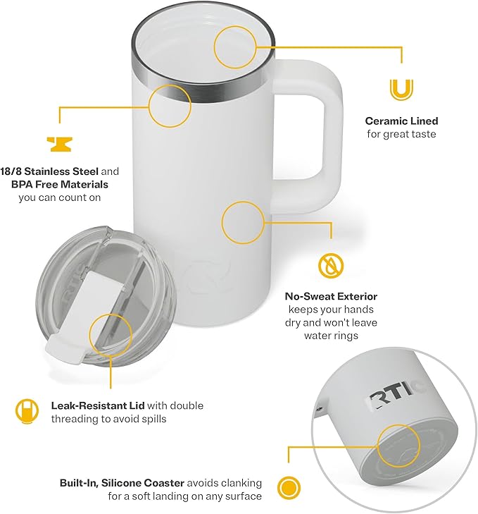RTIC 16oz Road Trip Travel Mug with Lid and Handle, Ceramic Lined, Insulated, Stainless Steel, Metal, Double Wall Vacuum-Insulation, Portable Coffee, Tea Cup for Hot and Cold Drink, White