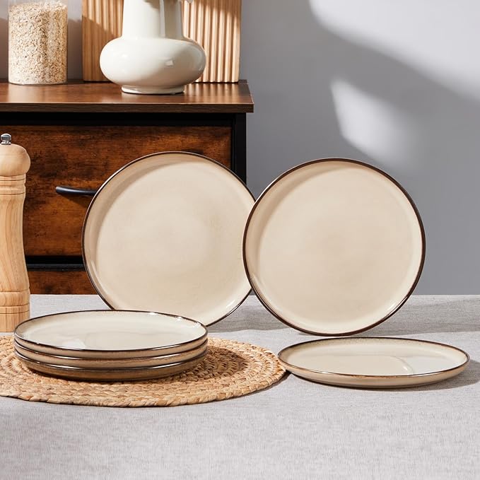 E-far 8” Ceramic Salad Plates Set of 6, Reactive Glaze Stoneware Dishes, Round Dessert Plate for Home Kitchen Restaurant, Microwave & Dishwasher Safe – Sandy Beige
