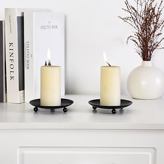 Candle Holder Decorative Iron Plate,Candle Stand for LED & Wax Candles,Spa,Bathroom,Weddings,4.33x0.78inch,Set of 4 (Matte Black)