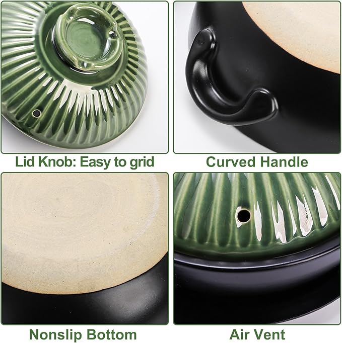 Okllen Large Korean Ceramic Bowl with Lid and Trivet, 54 oz Clay Pot for Cooking, Sizzling Hot Pot for Dolsot Bibimbap, Soup, Casserole, Rice, Stew, Noodle，Retro Green