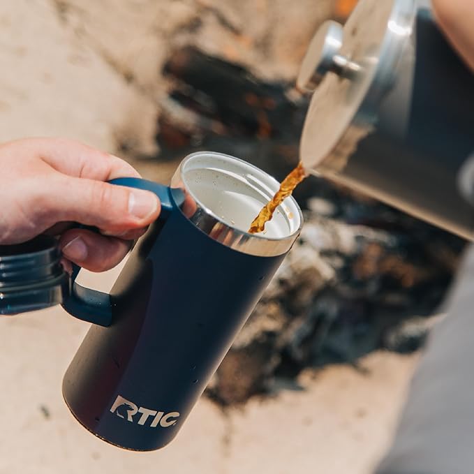 RTIC 16oz Road Trip Travel Mug with Lid and Handle, Ceramic Lined, Insulated, Stainless Steel, Metal, Double Wall Vacuum-Insulation, Portable Coffee, Tea Cup for Hot and Cold Drink, Beach