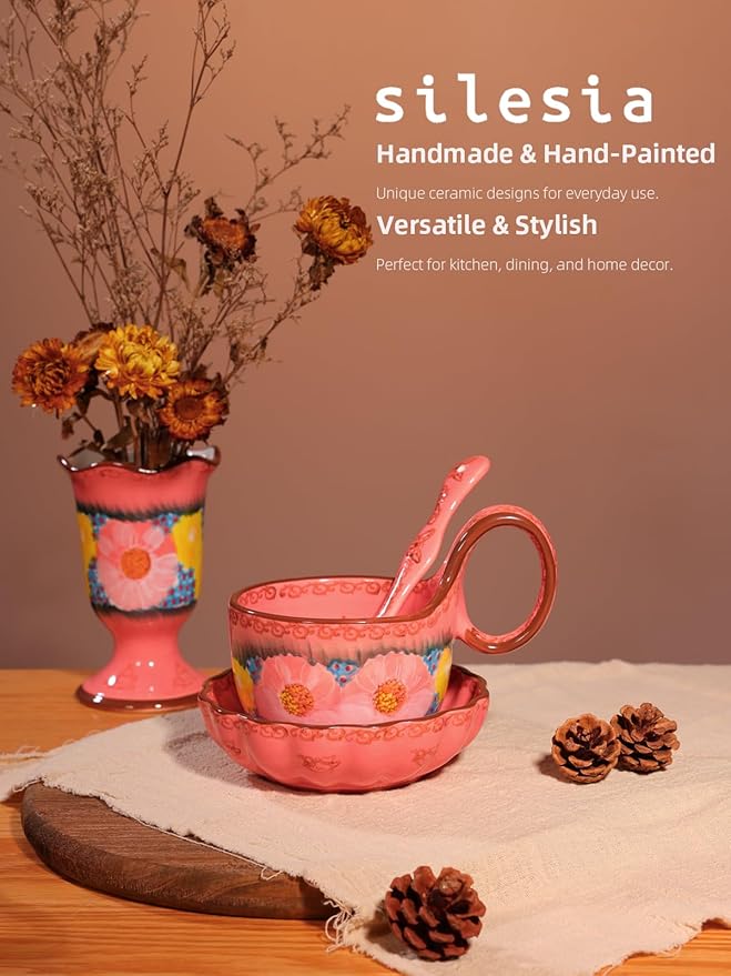 silesia Handmade Loop Handle Soup Bowl, Plate and Spoon Set - Ceramic Hand Painted Cereal Bowl Great for Soup, Ice cream, Snack, Stew in Gift Box, Dishwasher Safe, Glazed Pink