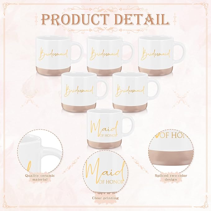 42 Pcs 6 Sets Wedding Favors Bridesmaid Proposal Gifts Maid of Honor Ceramic Coffee Cups Cosmetic Makeup Bags Invited Cards Scrunchies Knotted Bracelets Jewelry Bags Hair Claw Clips(Champagne)