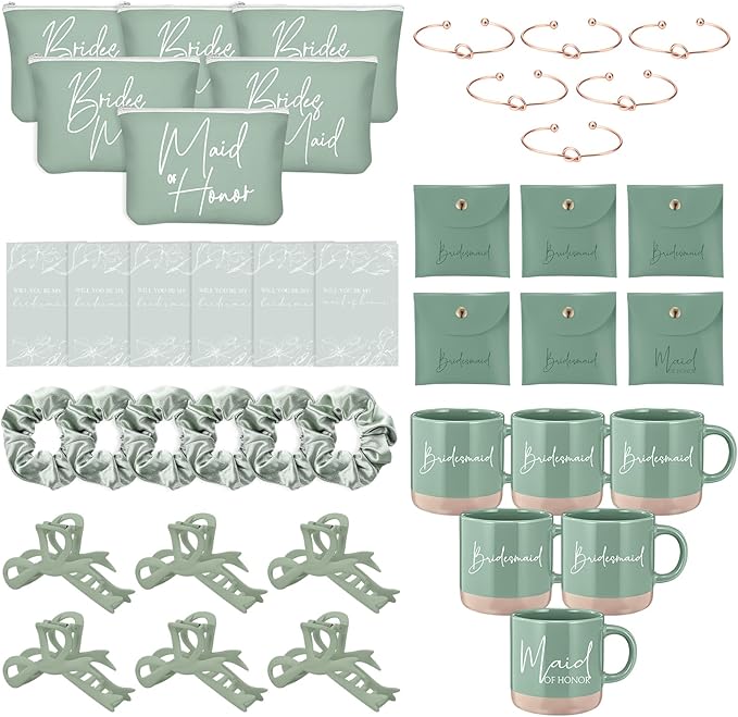 42 Pcs 6 Sets Wedding Favors Bridesmaid Proposal Gifts Maid of Honor Ceramic Coffee Cups Cosmetic Makeup Bags Invited Cards Scrunchies Knotted Bracelets Jewelry Bags Hair Claw Clips(Green)