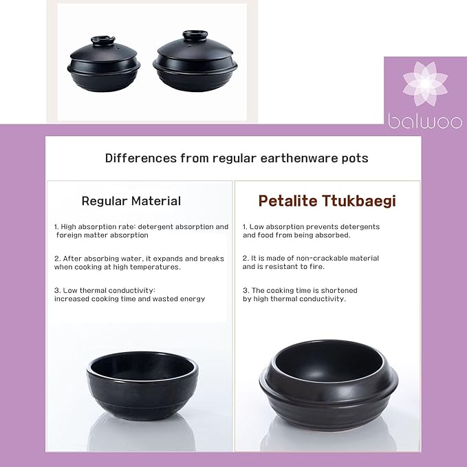 [Petalite Mineral, Retro Design] Korean Earthenware Pot Ttukbaegi, Ceramic Clay Cooking Pot Casserole, Heat Resistant Ceramic Pot, Zero-Crack Stone Bowl Stockpot Soup Cookware (Large)