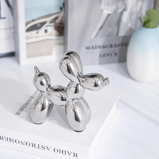 Creative Silver Balloon Dog Statues Small Ceramic Animal Sculpture Modern Home Decor Living Room Desktop Decorations Bedroom Office Cabinet Ornament (Silver)