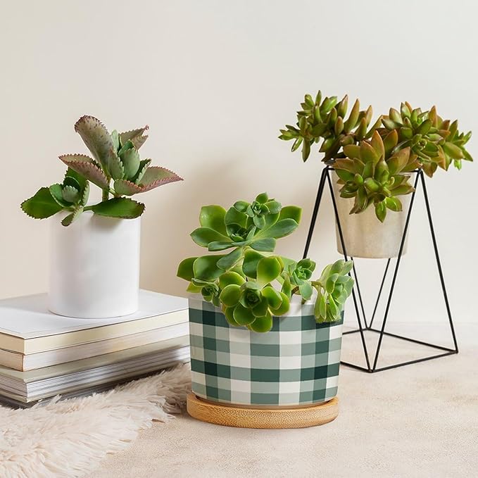 Sage Green Buffalo Plaid Planter Ceramic Green Buffalo Check Round Flower Pot with Drainage Holes and Bamboo Tray Pot for Outdoor Garden Home Plant