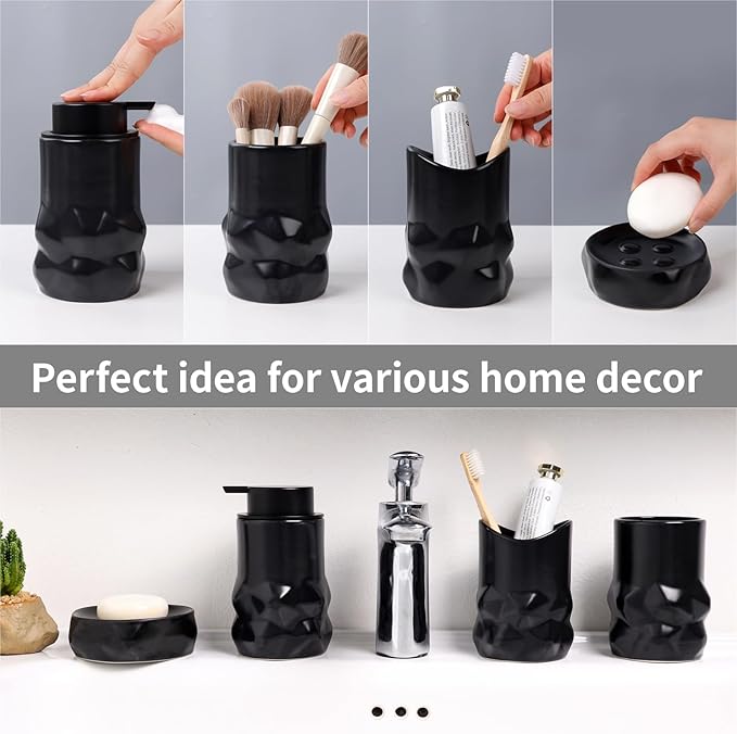 BosilunLife Modern Ceramic Bathroom Accessories Set, Bathroom Counter Set Matte Black Bathroom Decor Sets Accessories Bathroom Foam Soap Dispenser, Toothbrush Holder Set, Soap Dish, Apothecary Jars