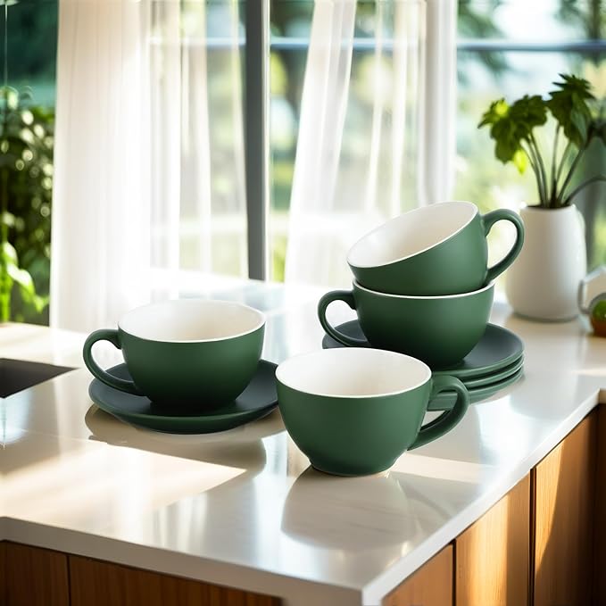 Yundu Matte Green Cappuccino Cups Set of 4-10oz Ceramic Latte Mugs with Saucers, Elegant Espresso Cups for Coffee & Tea
