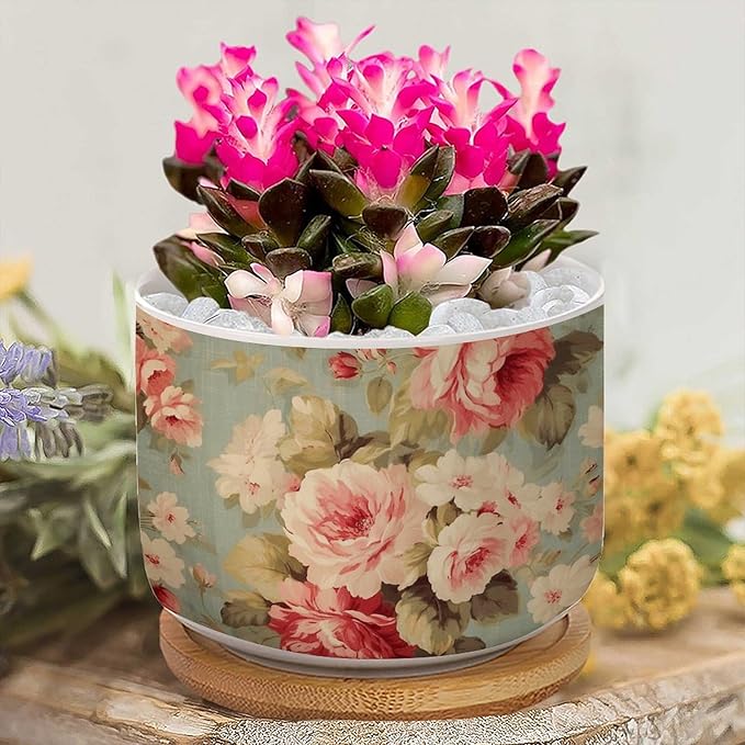 Set of 3 Cottage Chic Antique Pink Flower Small Succulents Pots Pink Cabbage Roses Romantic Ceramics Plant Pot with Drainage Bamboo Trays Oriental Chinoiserie Ceramics Round Planter