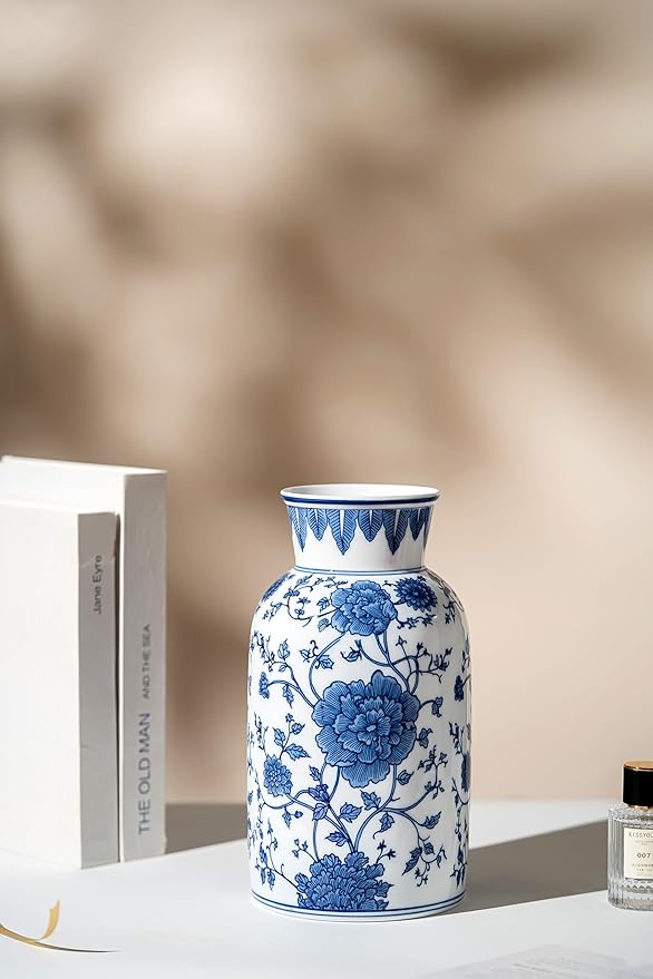 Modern Blue and White Porcelain Vase - Chinoiserie Ginger Jar for Home Decor, Floral Arrangement, 11-Inch Height Handcrafted Ceramic Vase