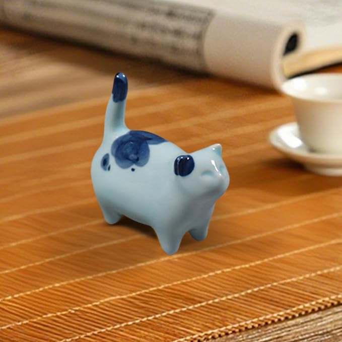 Kung Fu Tea Pet Ceramic Lucky Cat Sculpture Ornament for Tea Ceremony Desk Decor 3.27x2.95 inch- Blue