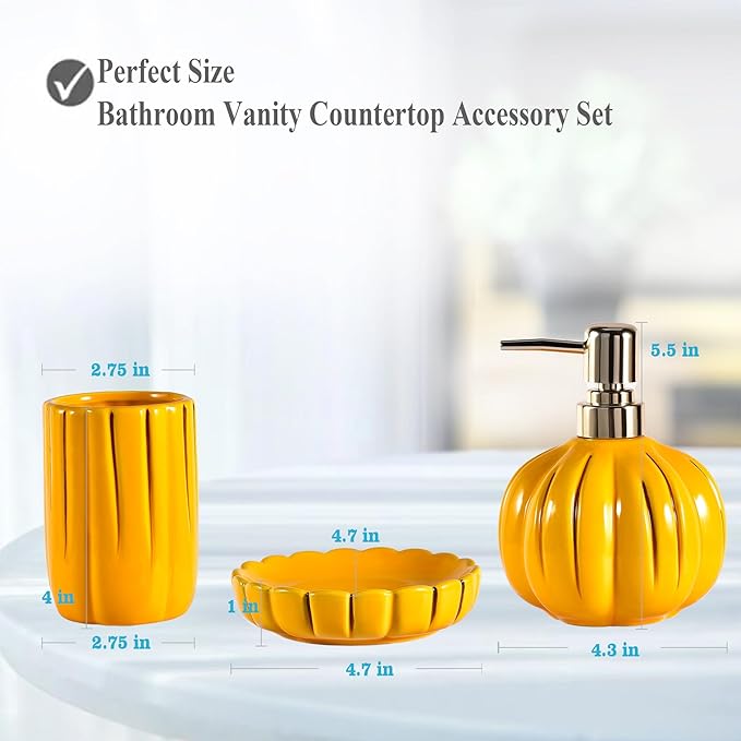 Ceramic Bathroom Accessories Set of 3, Thanksgiving Pumpkin Bathroom Decor, Fall Bathroom Sets Complete -Toothbrush Holders, Soap Dispenser, Soap Dish, Bathroom Organizer for Countertop