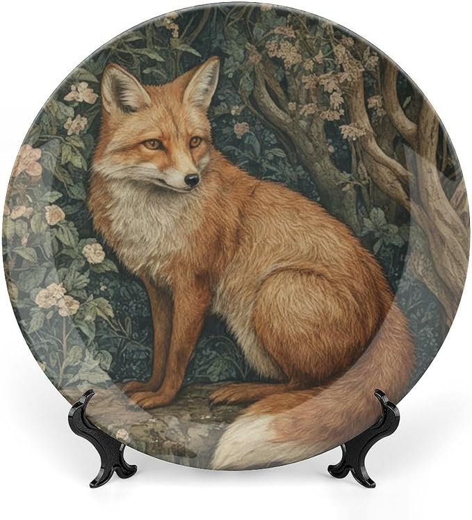 Ceramic Decorative Plate Fox in A William Morris Forest Custom Decor for Art Decoration Festival Display Club Ceramic Hanging Decorative Plate Including Bracket And Special Hook, Gifts for Men Women