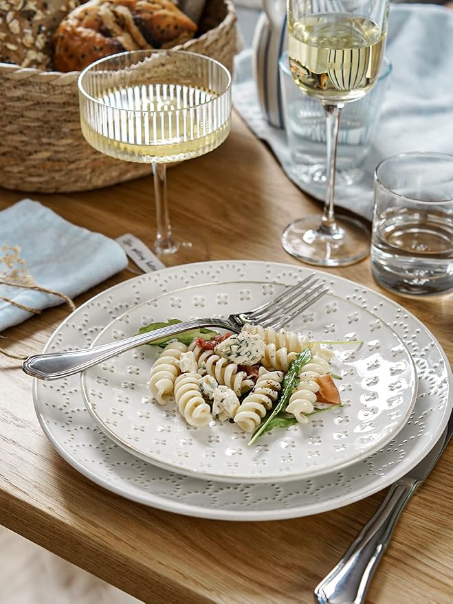 LE TAUCI Ceramic Salad Plates Set of 4, 8 Inch Embossed Dessert Plates for Appetizer and Small Dinner, Modern White Ceramic Plates for Kitchen, Microwave and Dishwasher Safe - Arctic White