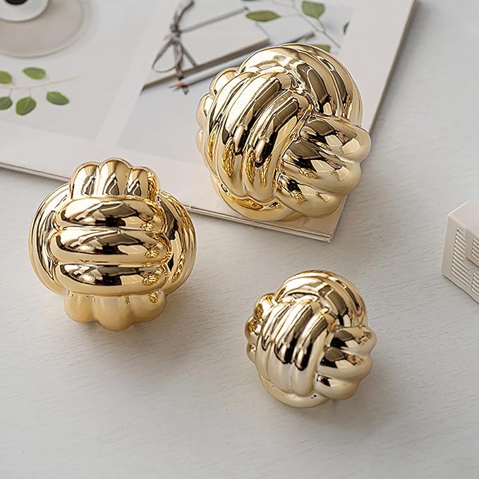 Hotfiary Small Ceramic Knot Statues Gold Home Decor, Modern Style Figurine Decorative Ball Ornaments, Sculpture Aesthetic Decor for Living Room, Bedroom, Apartment, Bookshelf, Office, Cabinets