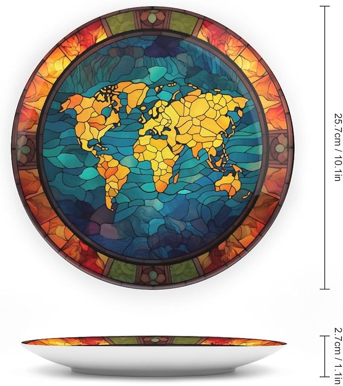 Decorative Plates for Wall Hanging, Retro World Map Stained Glass Design Ceramic Plate w/Display Stand, Home Decor for Kitchen Cabinets, Round Tray 10 Inch, Gift for Adventure Lover Wanderlust