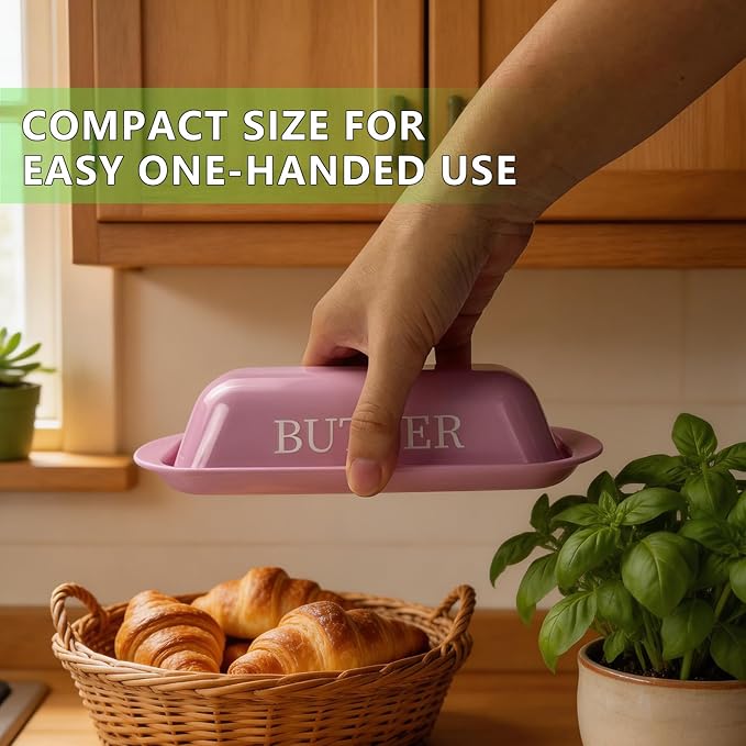 BPA-Free Melamine Butter Dish with Lid & Stainless Steel Knife - Farmhouse Butter Keeper for Countertop & Refrigerator, Dishwasher Safe, Holds 1 Stick with East & West Coast Butter-Pink
