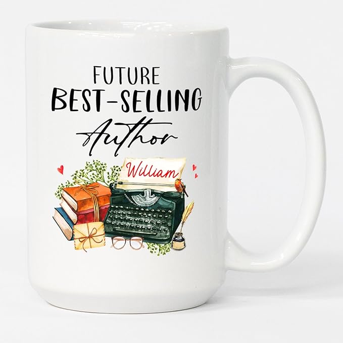 Future Best Author White Coffee Mug 11 Oz 15 Oz, Personalized Selling Author Writer Ceramic Coffee Cup Gifts For Birthday Anniversary, Custom Name Best Future Author Teacup, Typewriter Mug Cup Gift